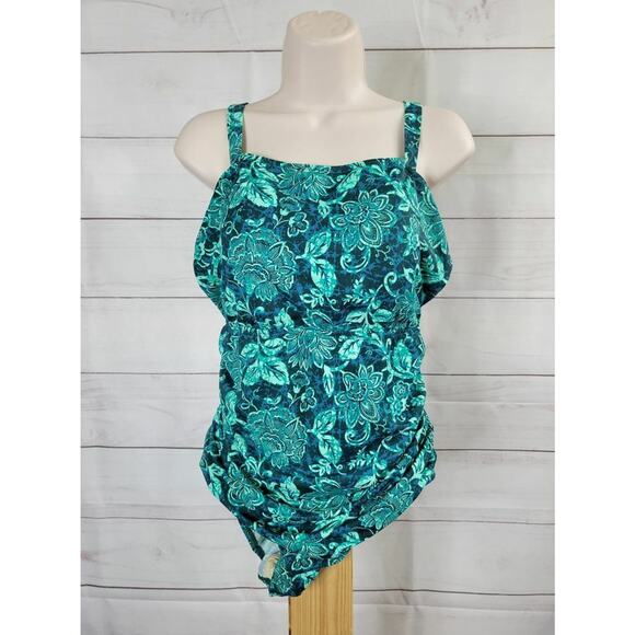 10R GREEN A392812 Denim & Co. Beach Square Neck One-Piece - Picture 2 of 2